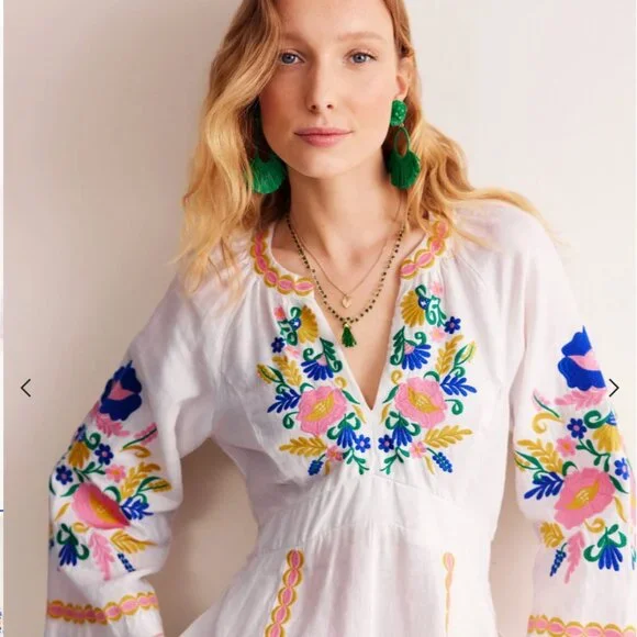 Boden Una Linen Embroidered Maxi Dress, Floral Garland, Ivory, 6P - Picture 3 of 11